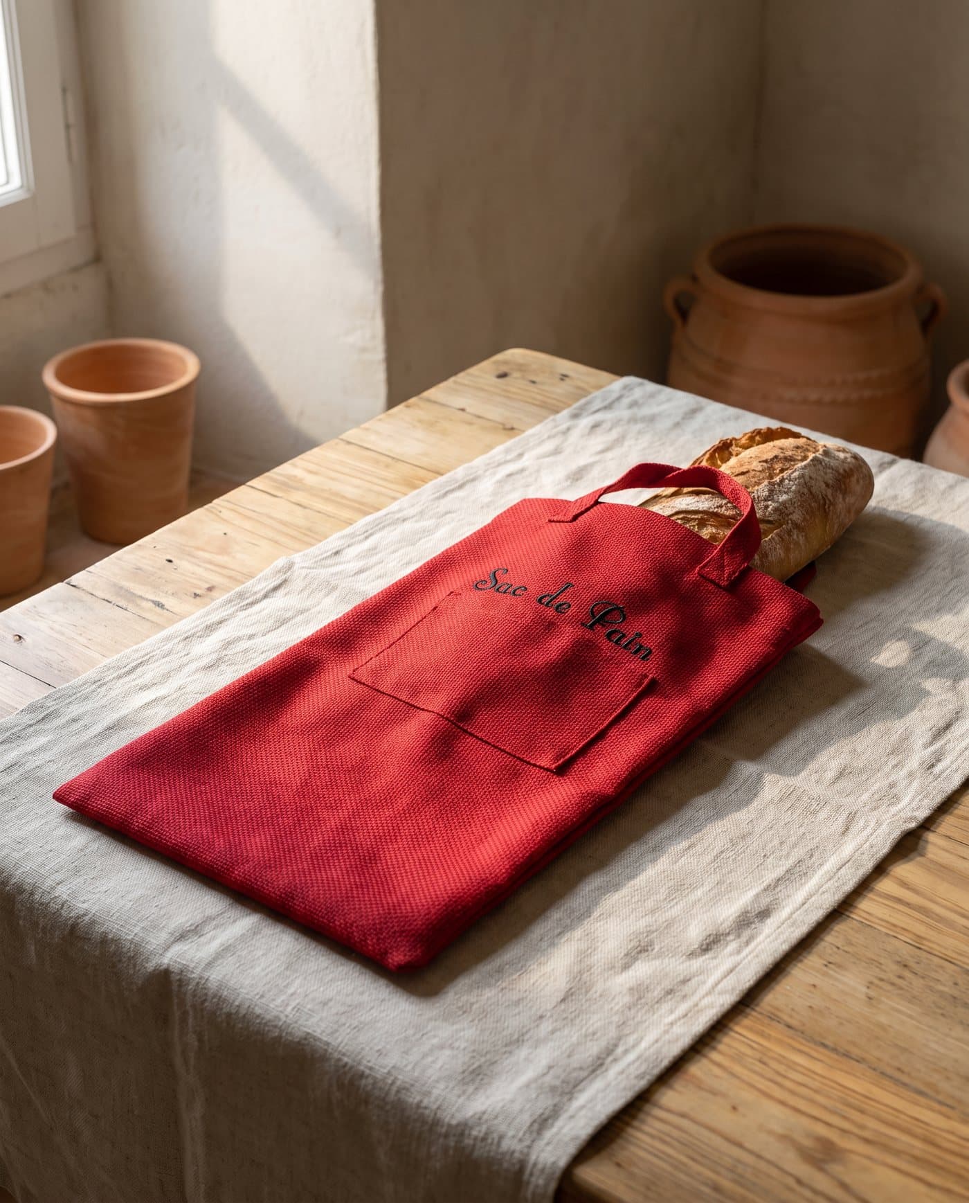 Sac de pain rouge brodé, une baguette dépasse de l'ouverture